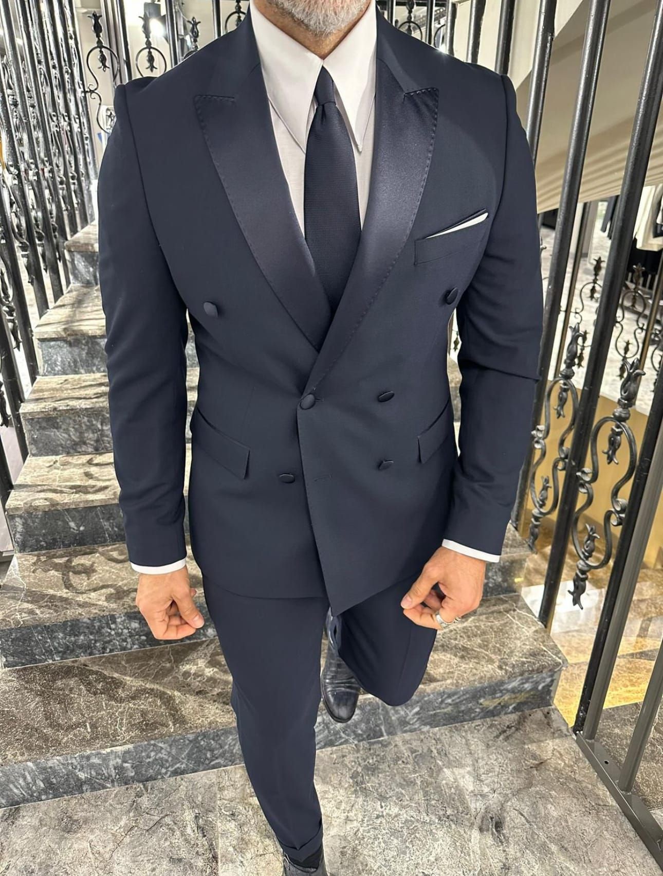 Navy Blue Double-Breasted Satin Tuxedo gallery.thumbnail 1