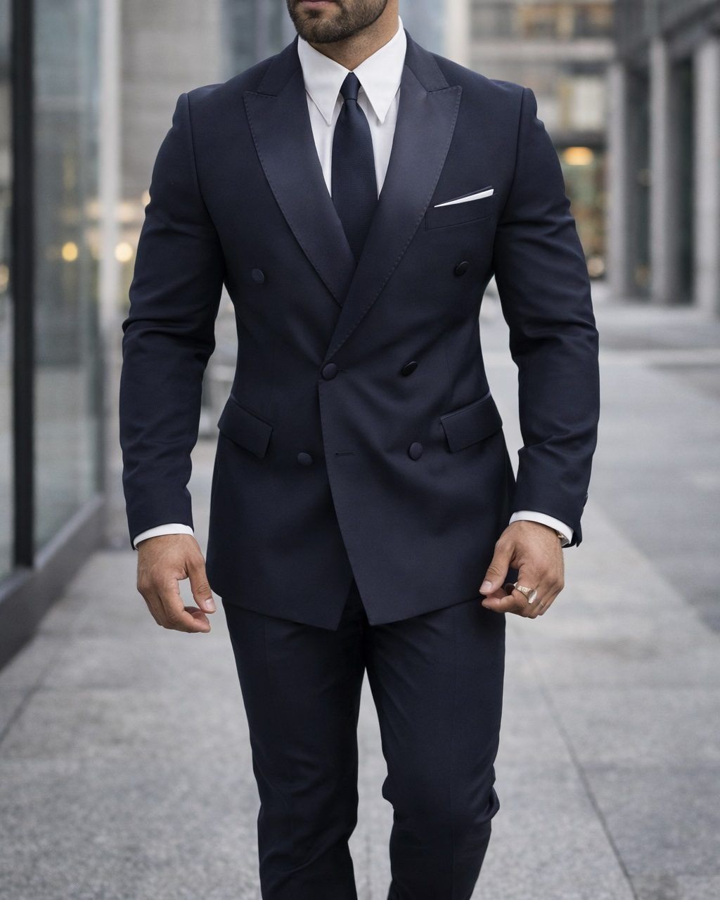 Navy Blue Double-Breasted Satin Tuxedo gallery.thumbnail 2