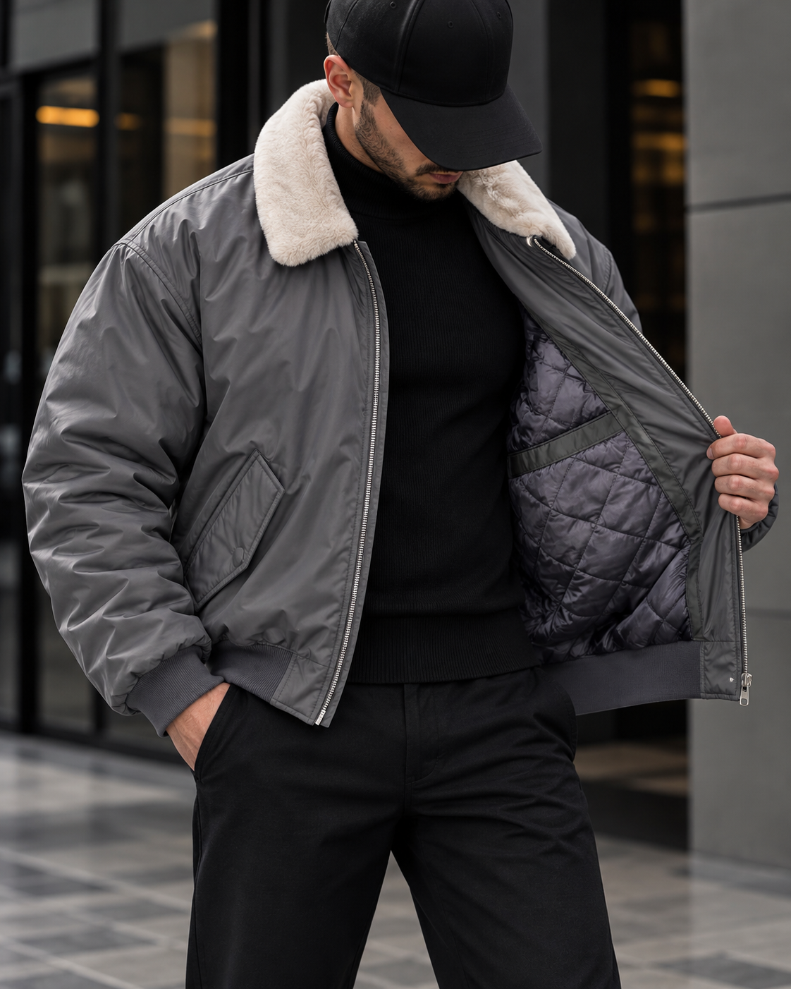 Grey Fur Collar Bomber Jacket gallery.thumbnail 2