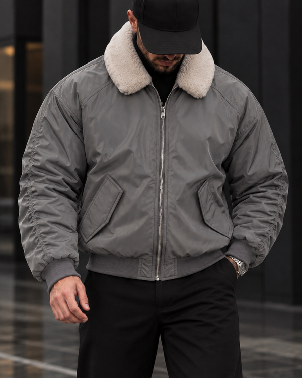 Grey Fur Collar Bomber Jacket