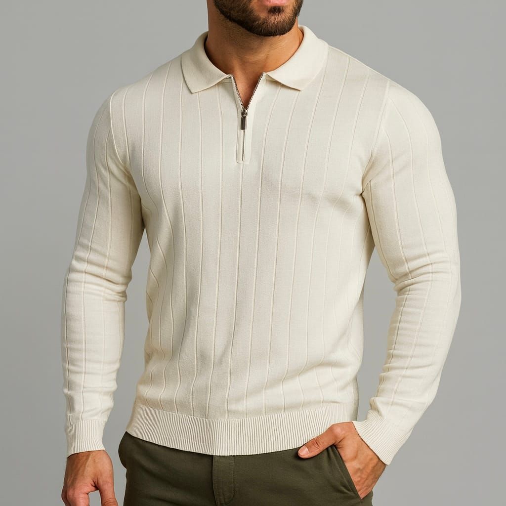 Cream Ribbed Zip Polo Sweater gallery.thumbnail 1