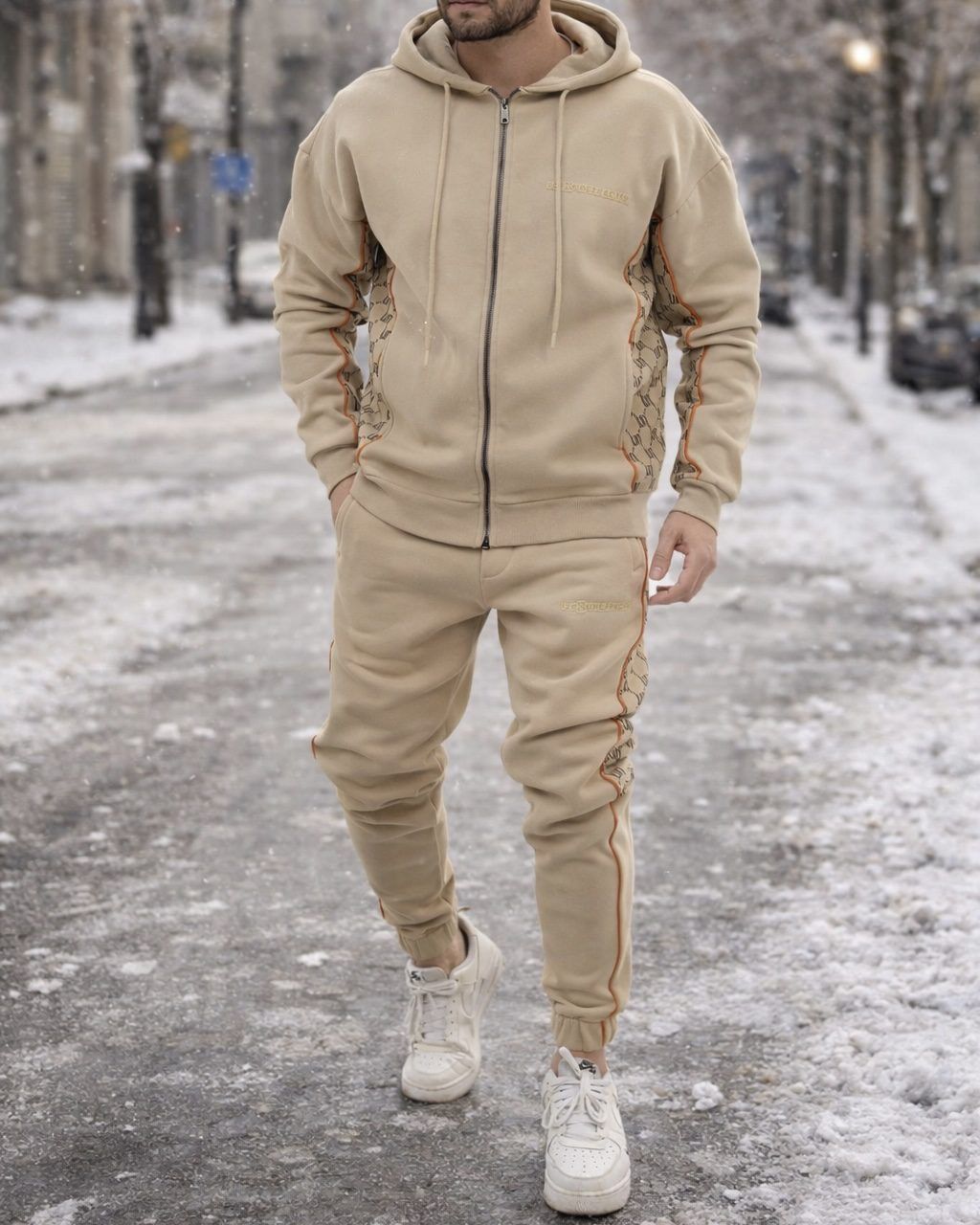 Zip-Up Hoodie Tracksuit – Beige gallery.thumbnail 1