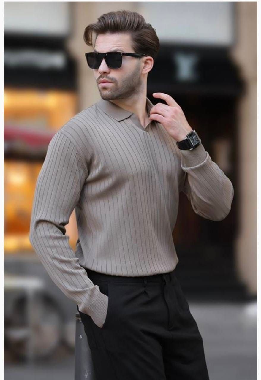 Taupe Ribbed Polo Sweater gallery.thumbnail 1