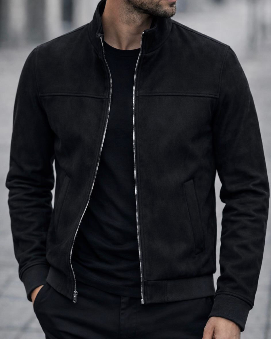 Suede Stand Collar Jacket – Black 1