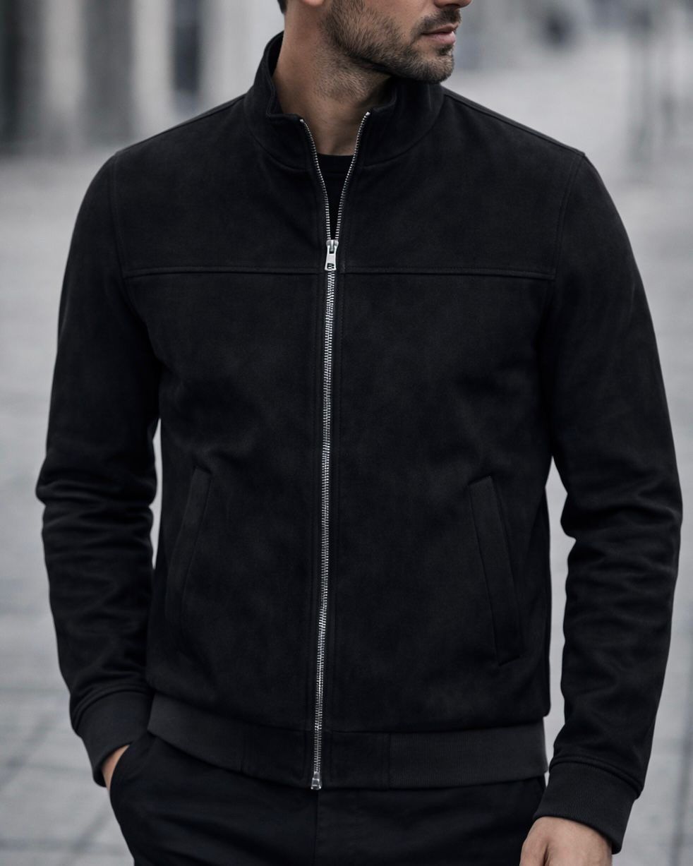 Suede Stand Collar Jacket – Black gallery.thumbnail 2