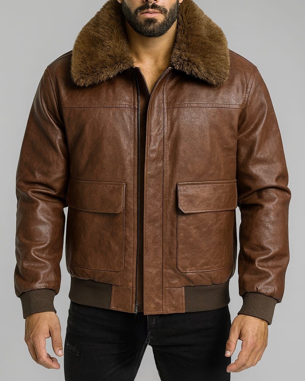Brown Leather Bomber Jacket with Fur Collar gallery.thumbnail 1